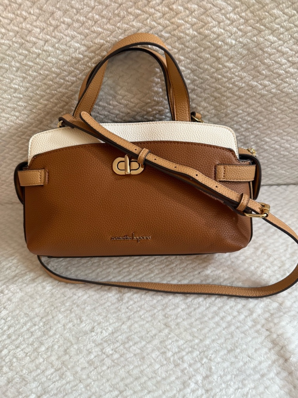 Nanette Lepore Brown and White Two-Tone Satchel with Gold Hardware